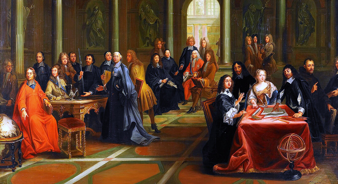 Queen Christina (at the table on the right) in discussion with French philosopher René Descartes. Painted by Nils Forsberg (1842-1934) after Pierre-Louis Dumesnil the Younger (1698-1781), 1884.